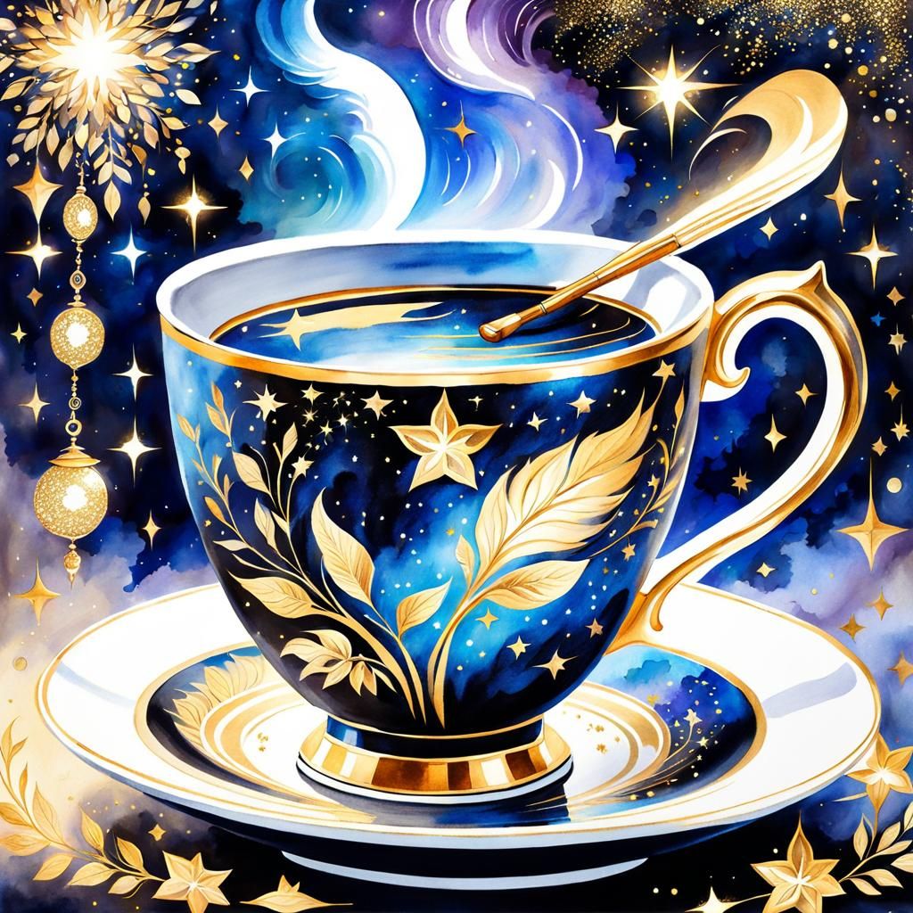 Elegant Teacup with Gold Sparkles in Watercolor Style
