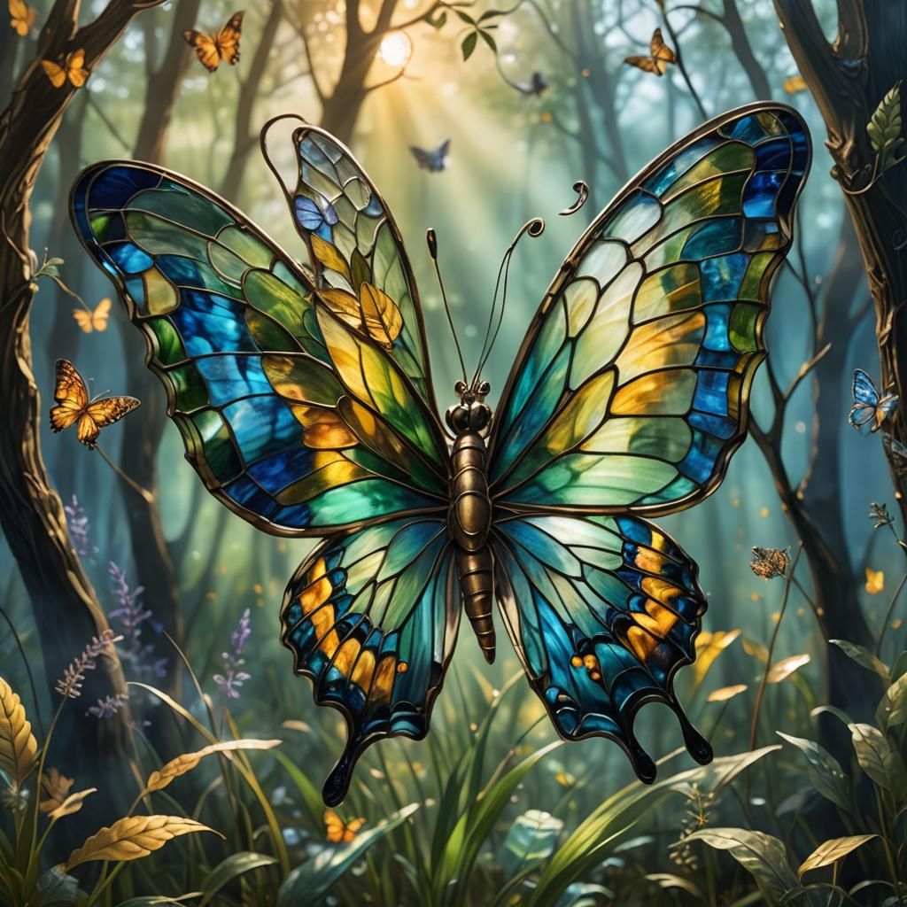 Stained Glass Butterfly in Fantasy Forest, Hyper-Realistic