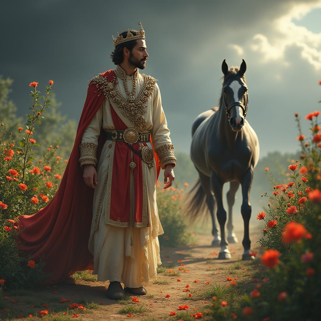 A Royal Prince in a Vibrant Garden Scene, in Baroque Style