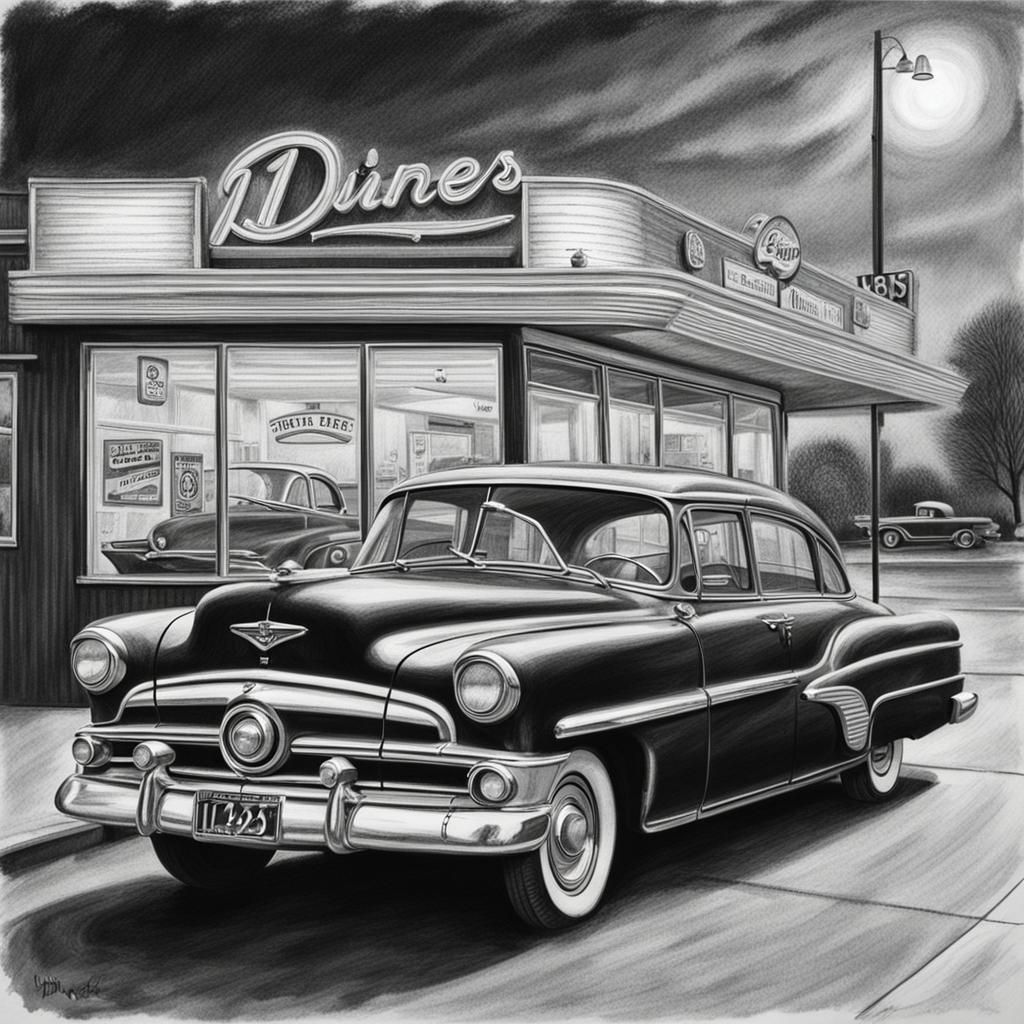 Vintage 1950s Car at Diner: Charcoal Drawing