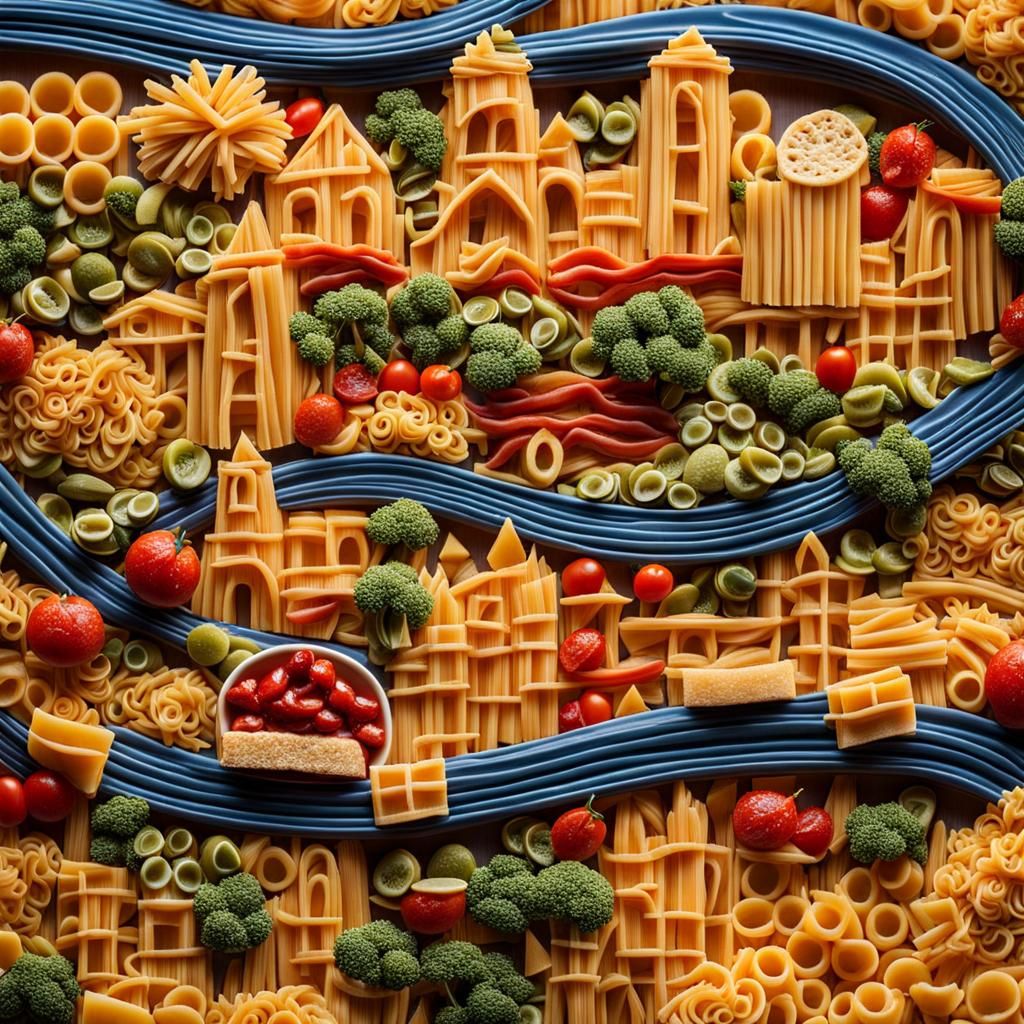 Pasta Cityscape: A Whimsical Food Fantasy Scene