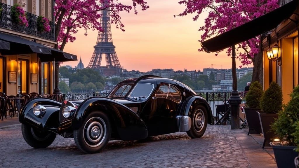 Bugatti Atlantic in Paris at Sunset: Hyperrealistic Scene