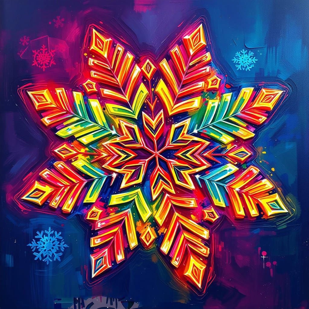 Elegant Neon Snowflakes in Neo-Impressionist Oil Painting