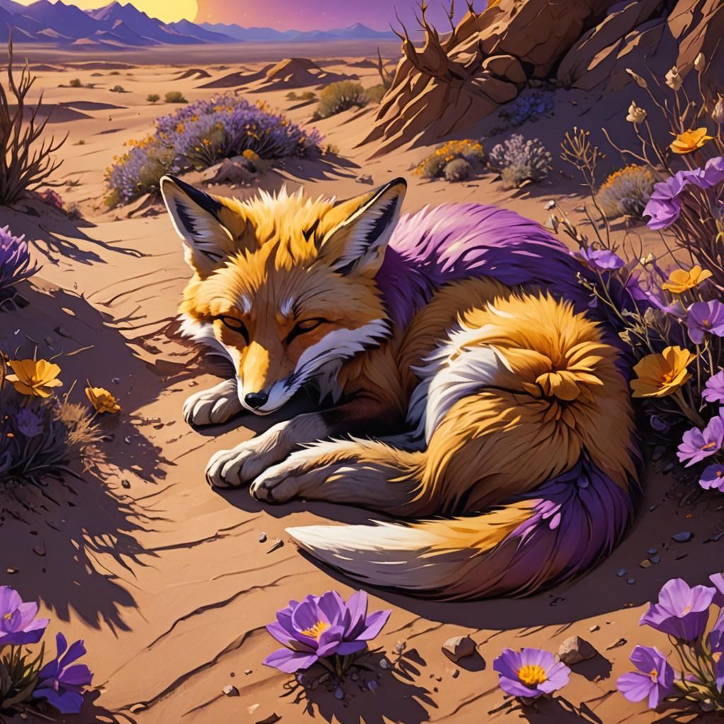 Violet Fennec Fox in Desert, Dark Fantasy Art