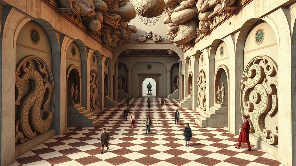Surreal Symmetrical Fantasy Scene in Escher Style