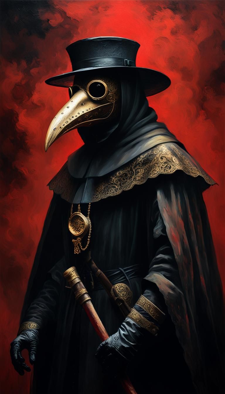 Plague Doctor in Red: A Baroque Oil Painting