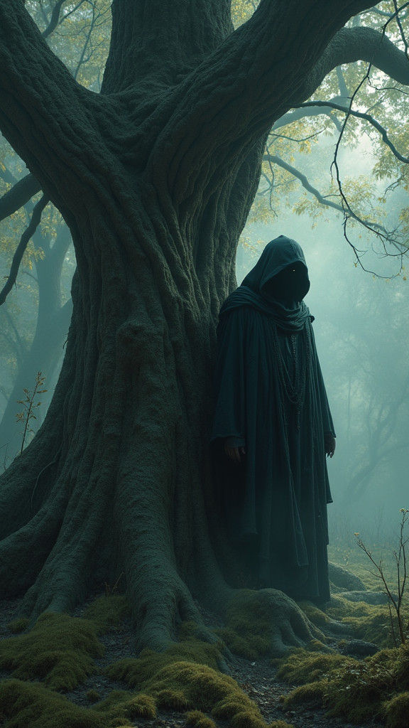 Hooded Figure in Misty Forest, Moody Concept Art