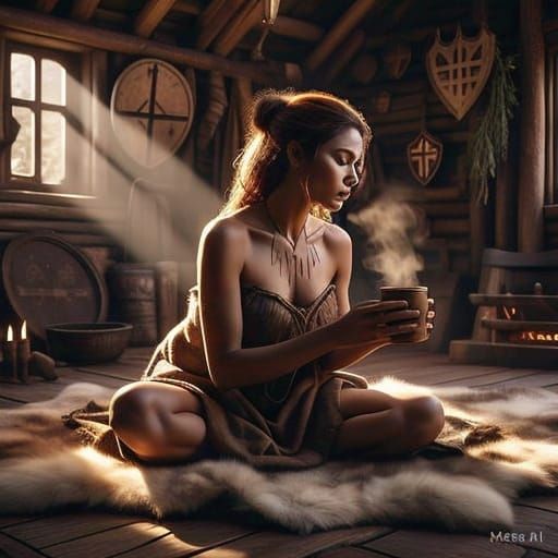 Norse Goddess Basks in Morning Sunlight on Bearskin Rug