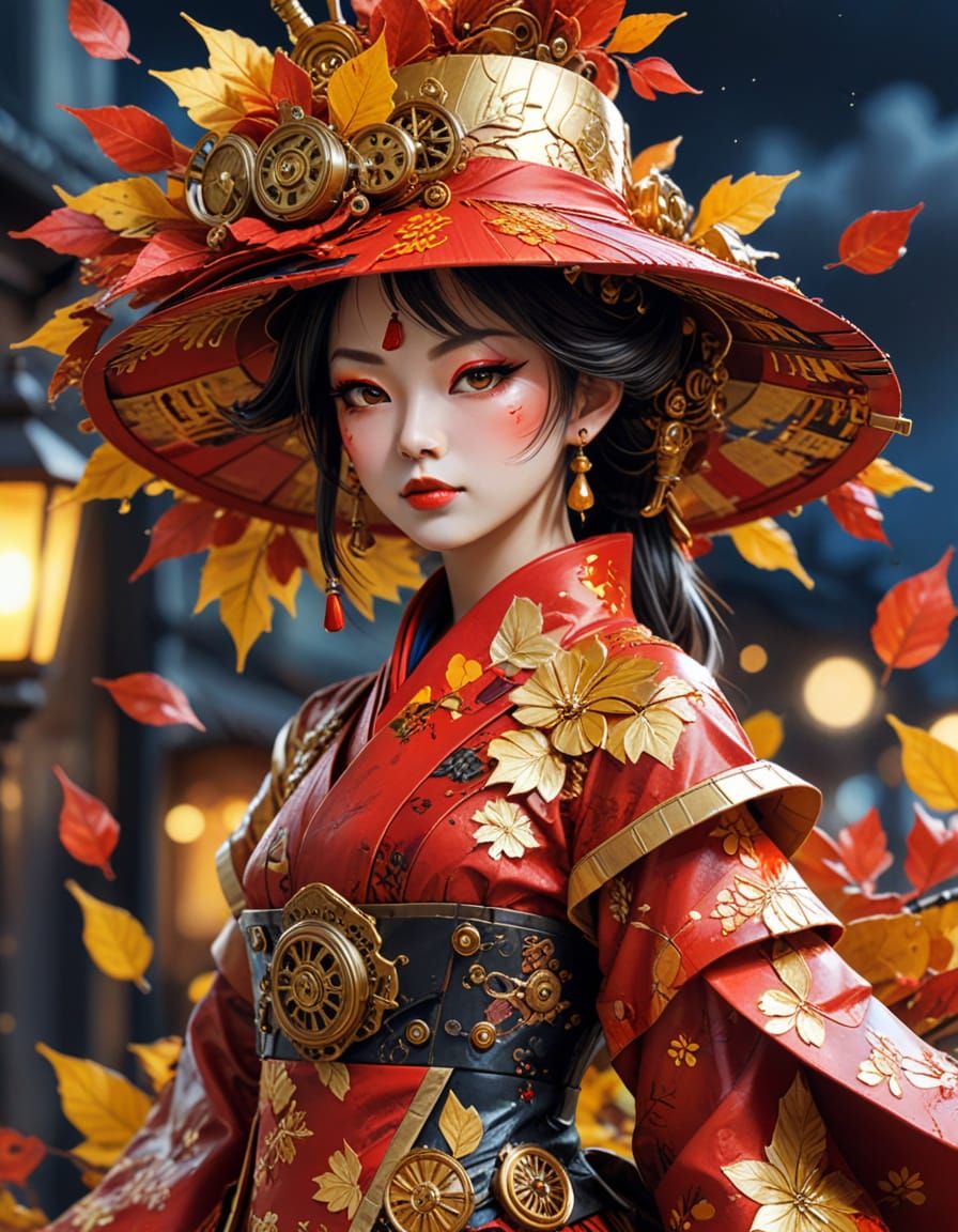 Steampunk Oiran in Autumn Leaf Hat, Oil Painting Style