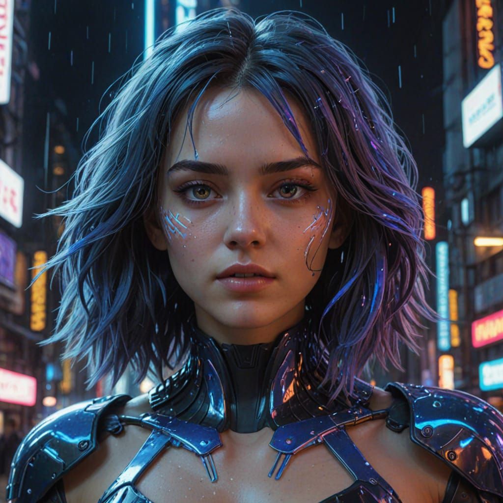 Girl in Neon Cyberpunk Digital Portrait with Glowing Eyes an...