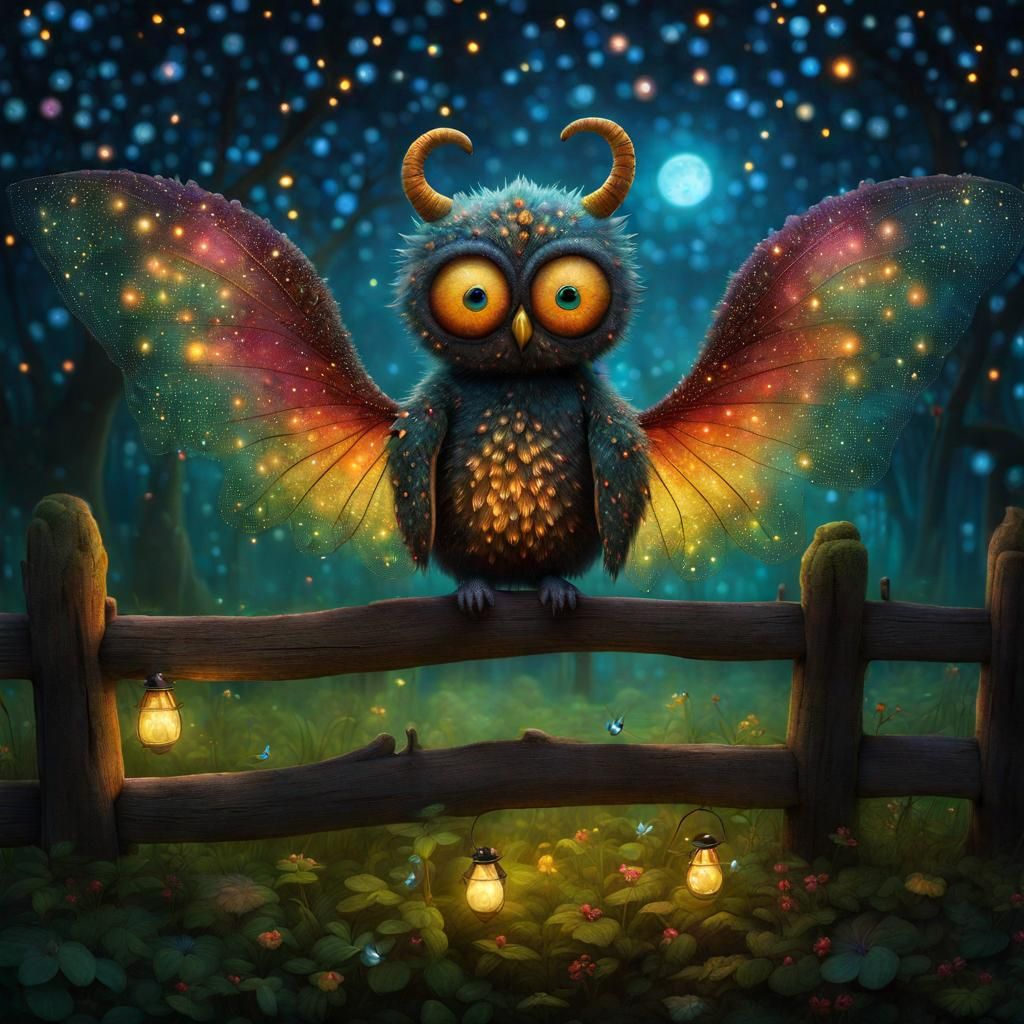 Whimsical Winged Creature on Fence in Dreamy Landscape