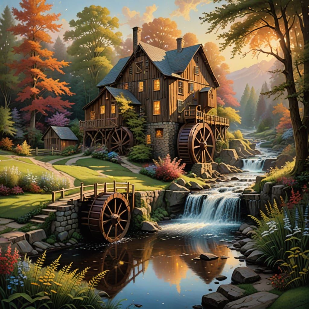 Whimsical Grist Mill in a Serene Fantasy Landscape