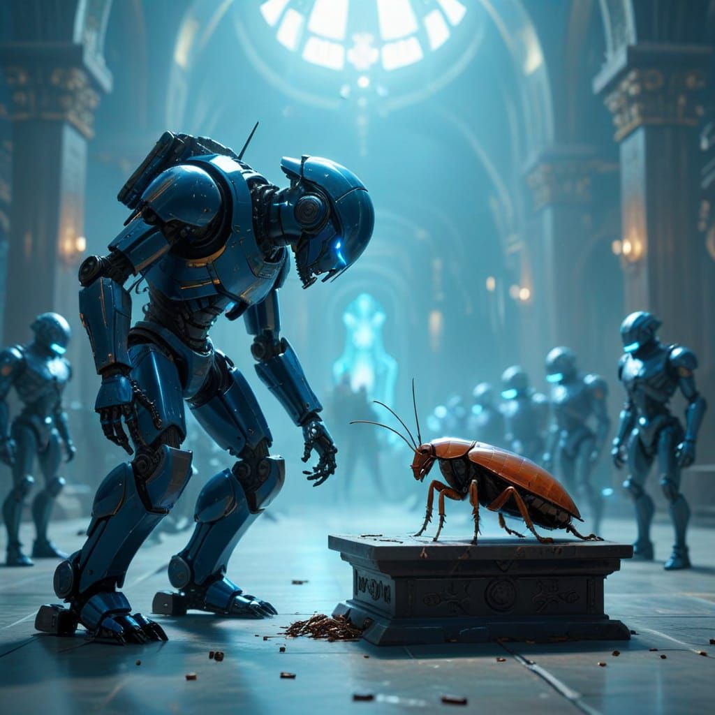 Cyberpunk Robot Worships Cockroach Deity