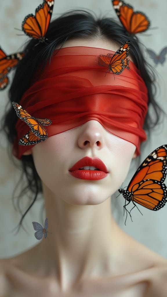 Ethereal Albino Goddess with Monarch Butterflies in Dreamy R...