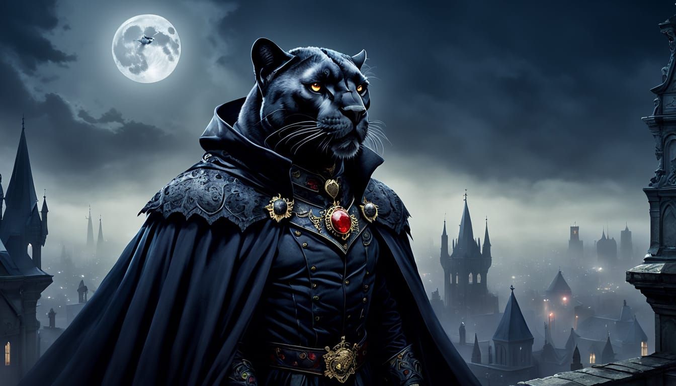 Regal Panther in Vampire Cape Overlooking Gothic City