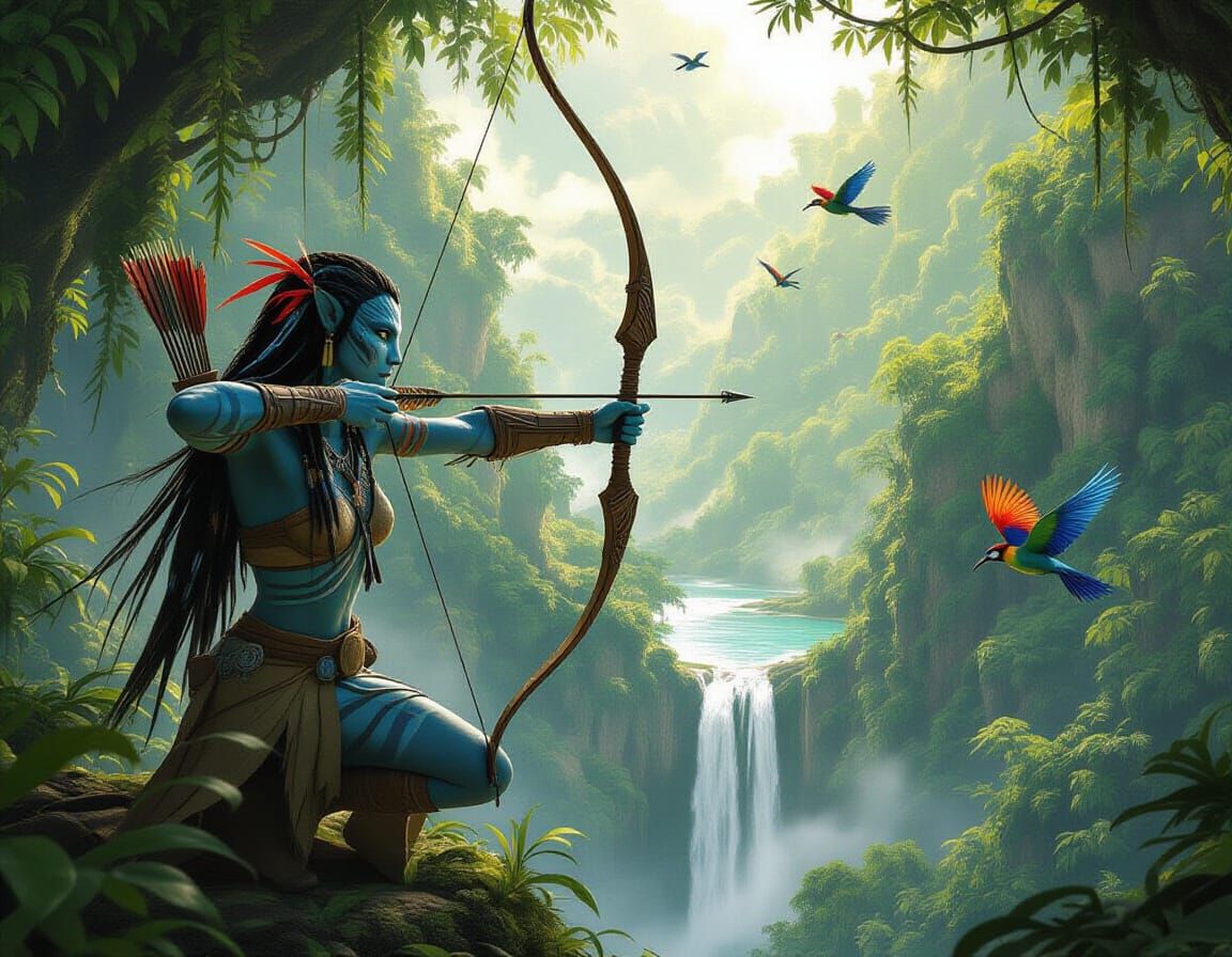 Na'vi Warrior Surveys Lush Jungle Canopy in Cinematic Concep...