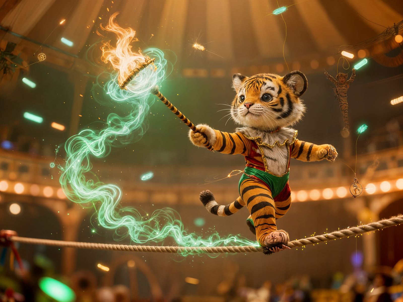 Cute Tiger Acrobat Balances on Tightrope with Magical Energy...