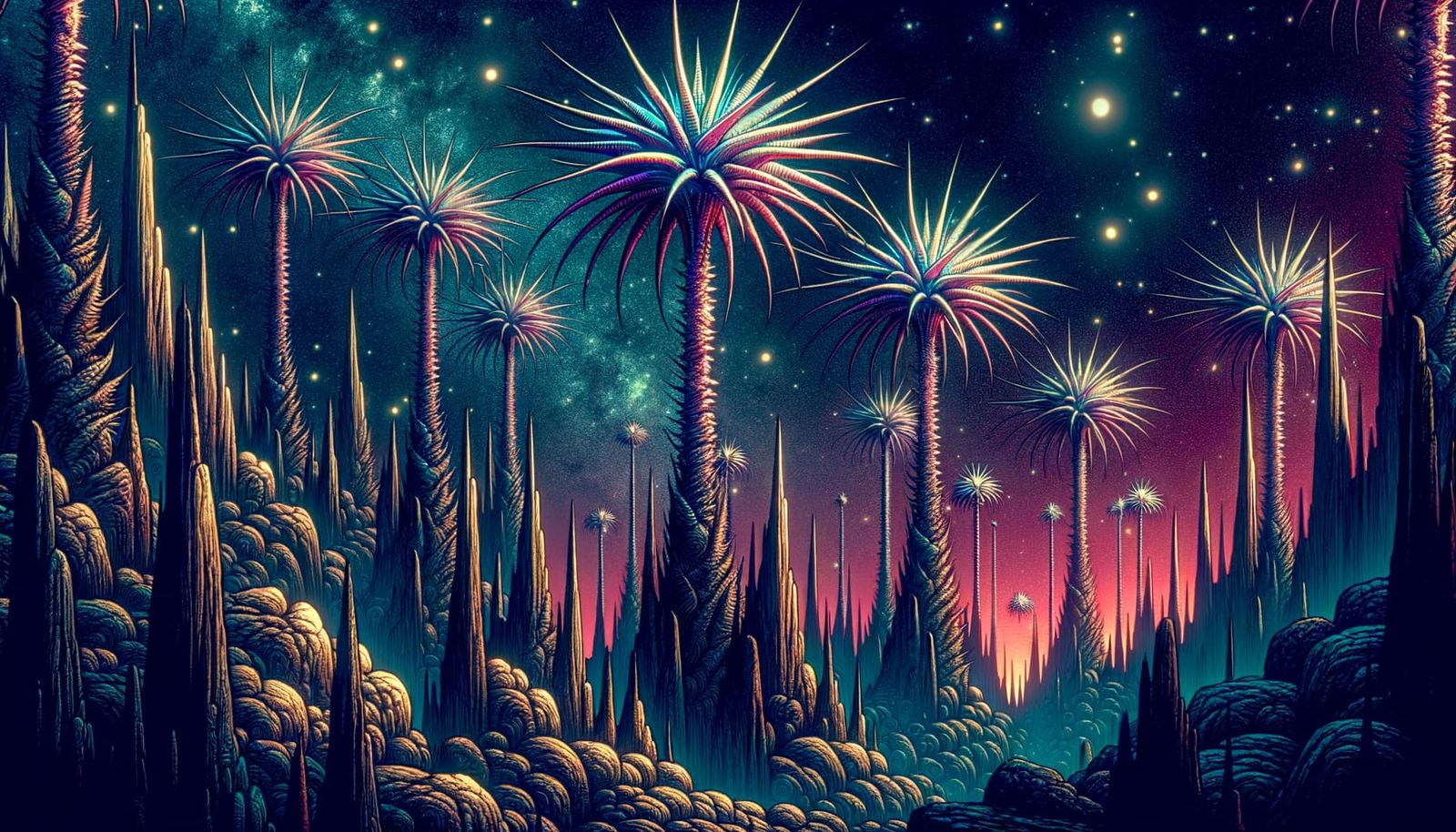 Alien Plants Under Starry Sky in Fantasy Art Style