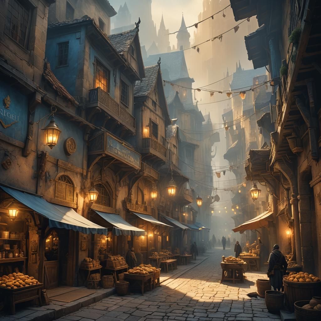 Mysterious Marketplace with Glowing Artifacts in Fantasy Art
