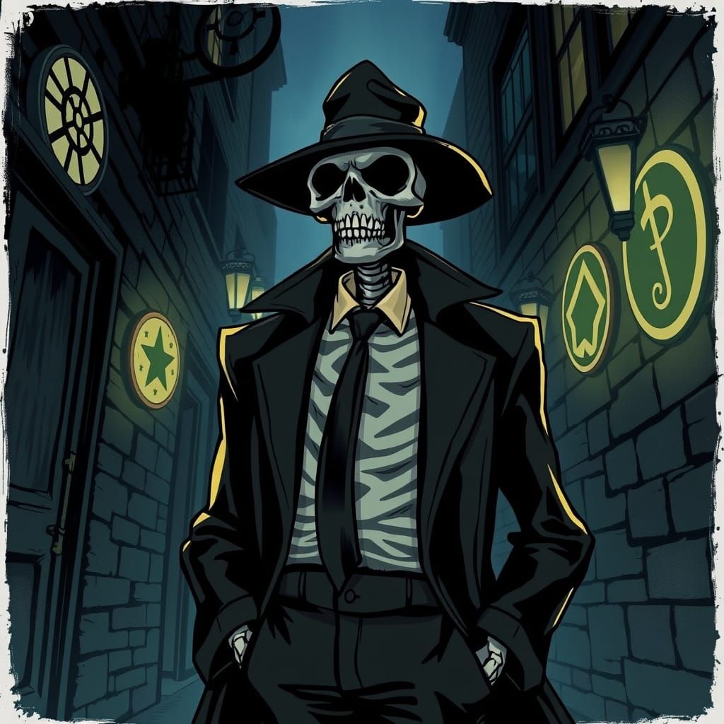 Skeleton Detective in Dark Alley: a Dark Fantasy Rendition