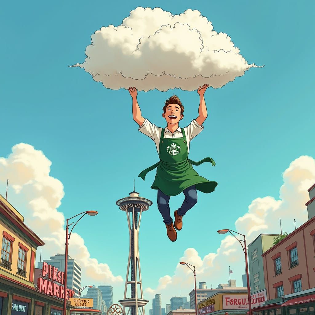Man in Starbucks Apron Dangles Above Seattle's Iconic Landma...