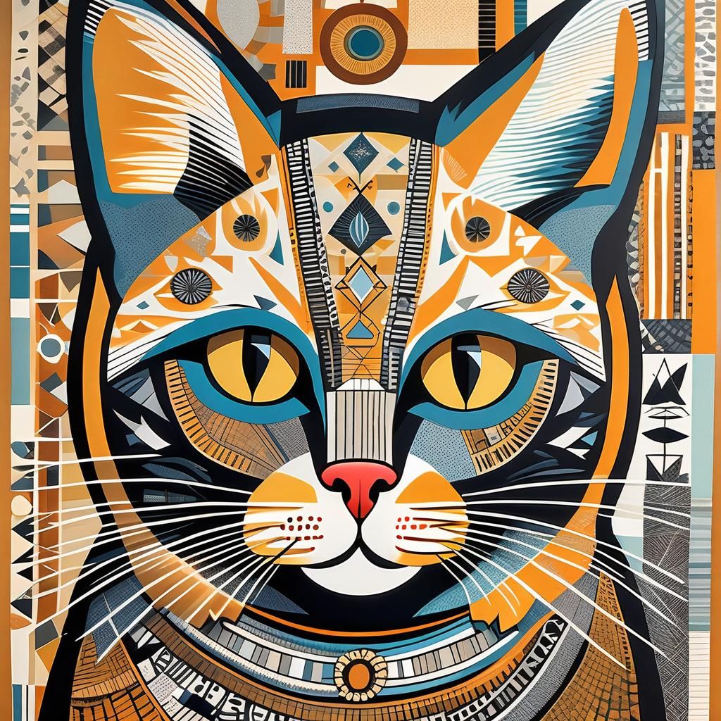 Intricate Cat Portrait in Folk Art Style