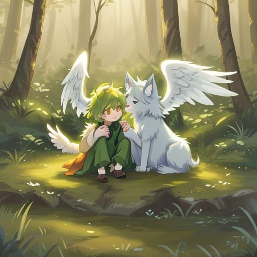 Teenage Wolf-Demon & Angel Boy in Misty Forest
