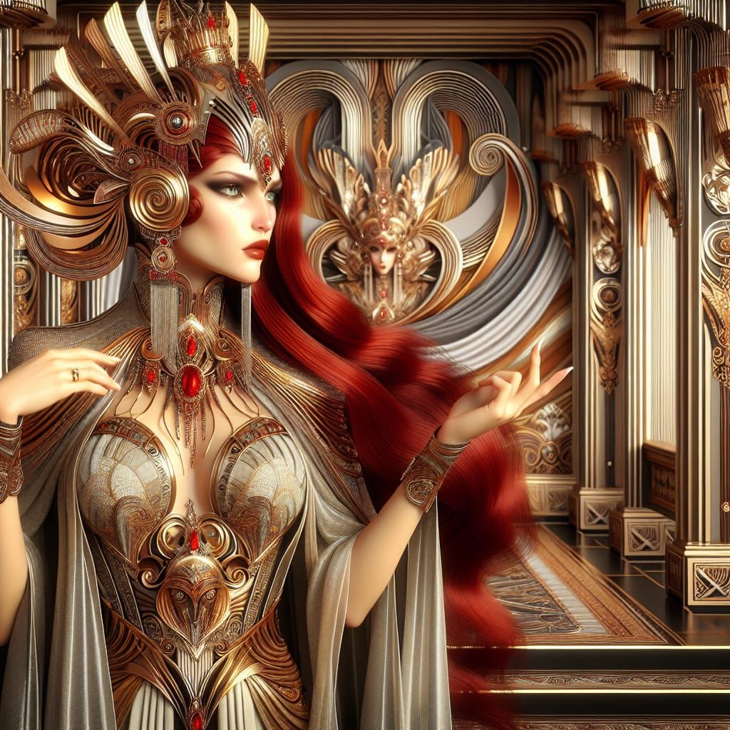 Regal Woman with Red Hair in Art Deco Setting