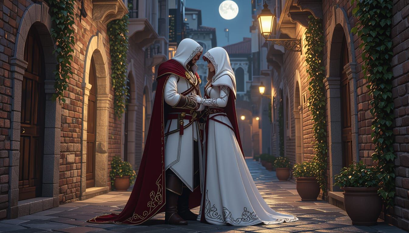 Anime Assassins in Moonlit Venice Alleyway
