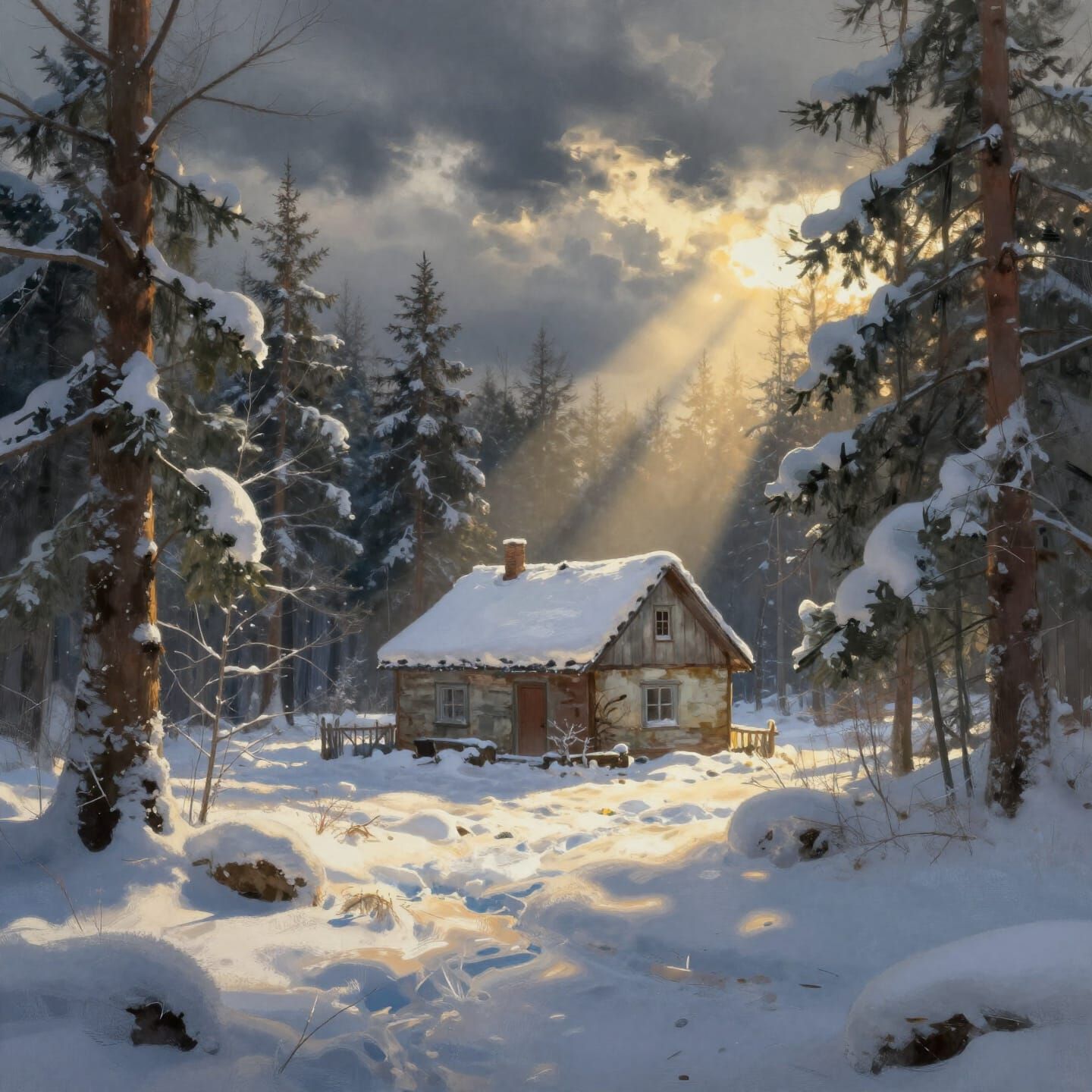 Sunlit House in Winter Forest, James Gurney Style