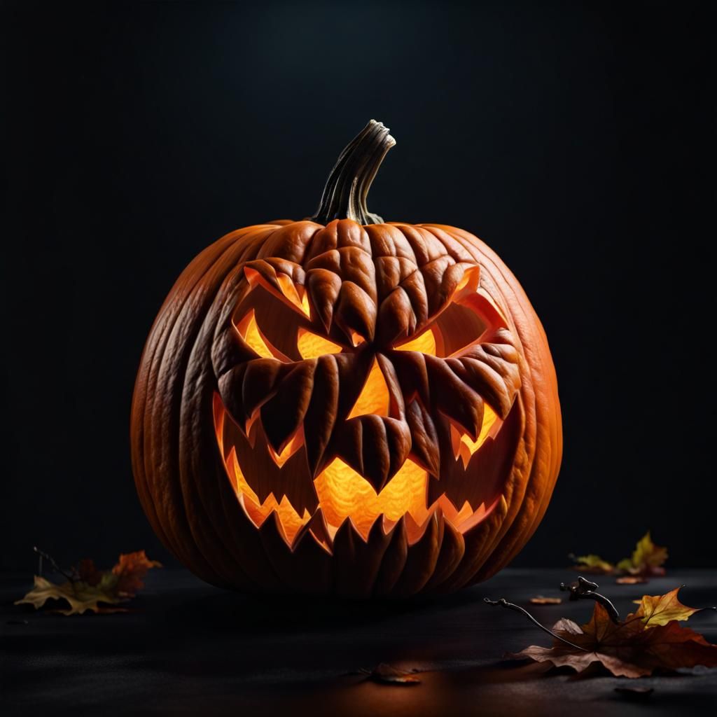 Hyperrealistic Hand Carved Pumpkin on Dark Background