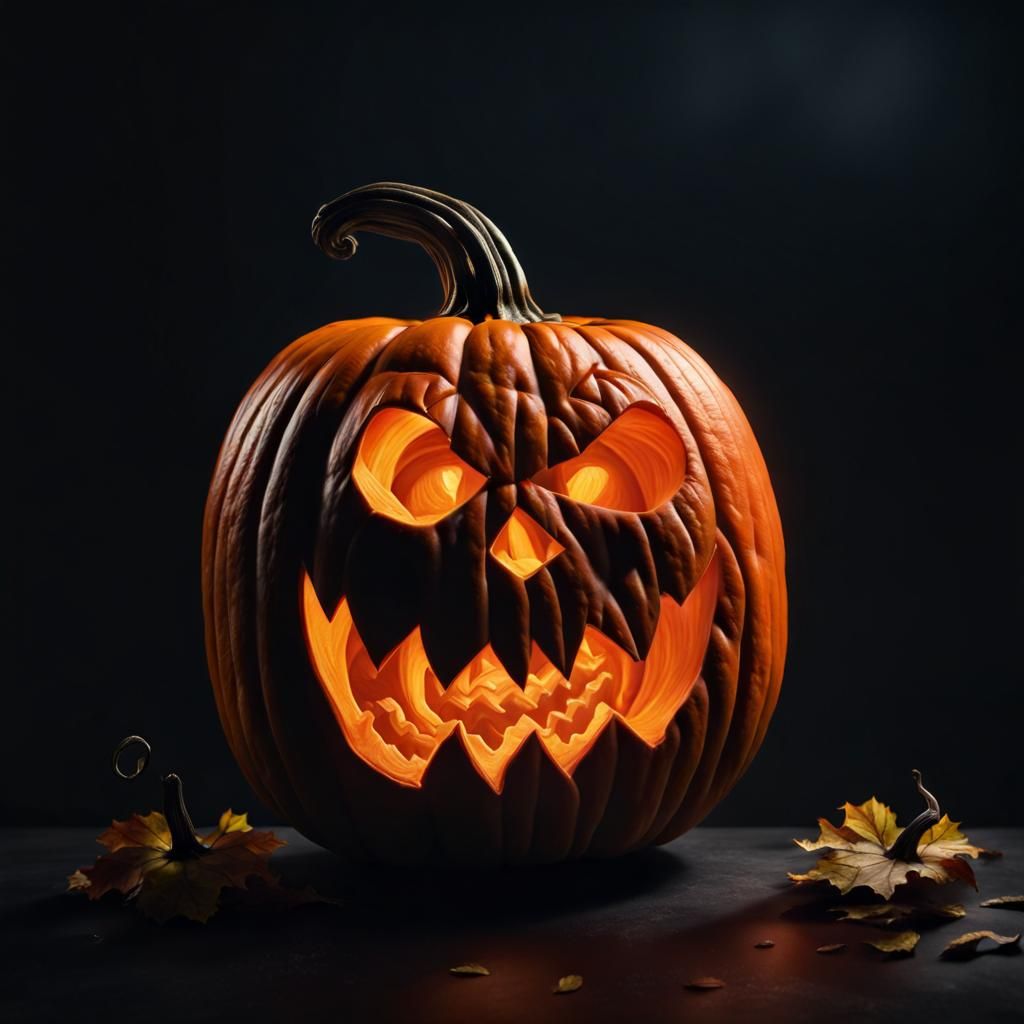 Hyperrealistic Hand Carved Pumpkin on Dark Background