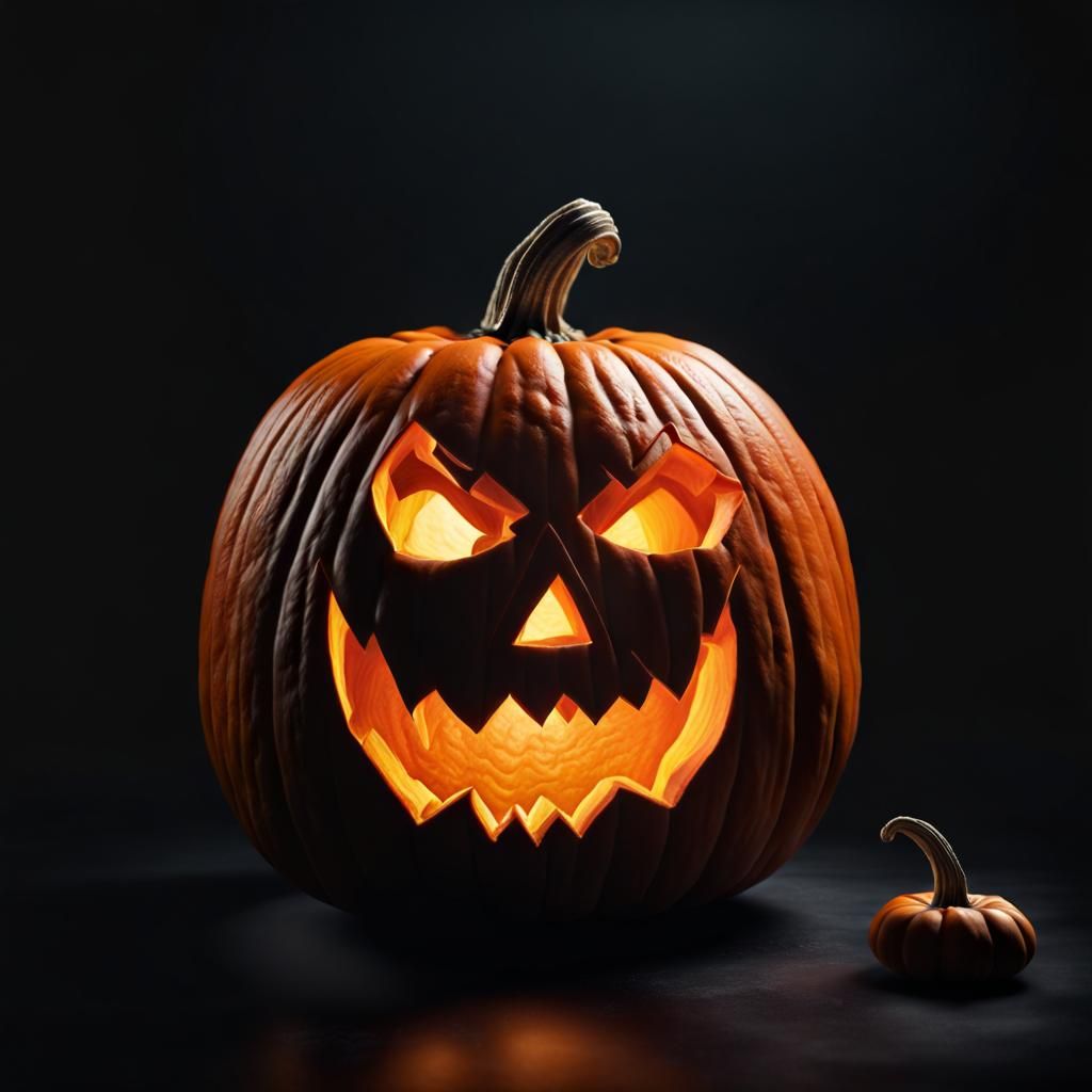 Hyperrealistic Hand-Carved Pumpkin on Dark Background