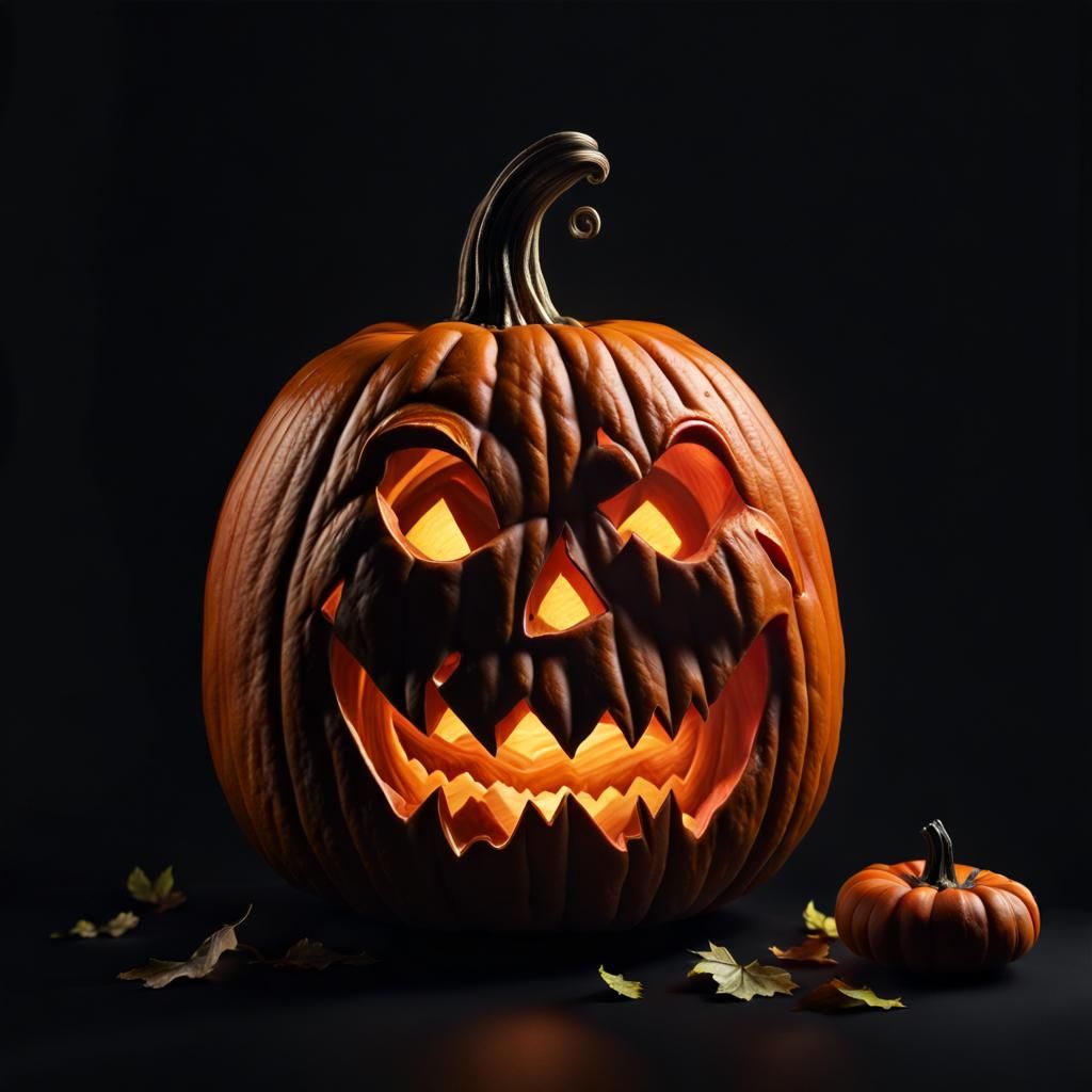 Hyperrealistic Hand-Carved Pumpkin on Dark Background