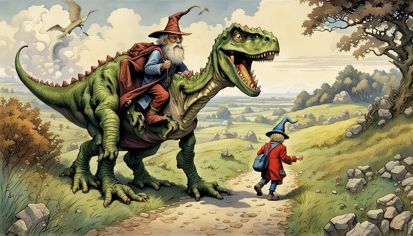 Wizard Walks Dinosaur in Golden Age Illustration Style