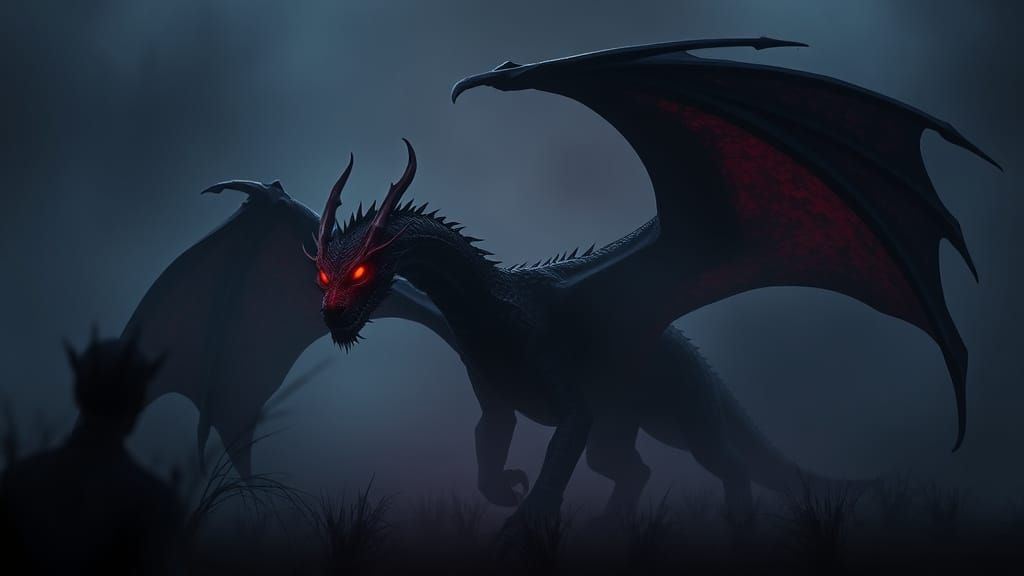 Mysterious Dark Dragon in a Foggy Landscape