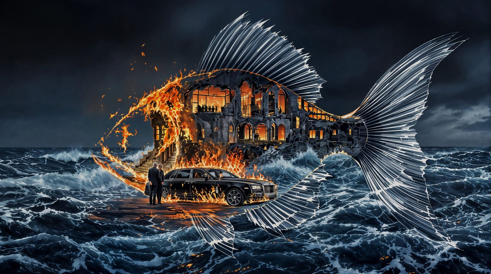 Mysterious Seaside Mansion in a Stormy Sea