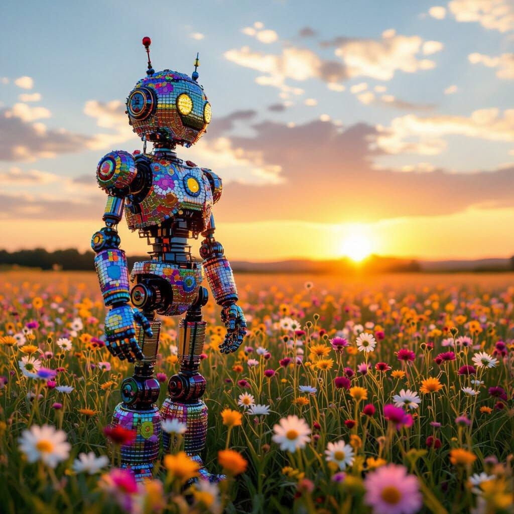 Beaded Robot in Wildflower Field at Sunset