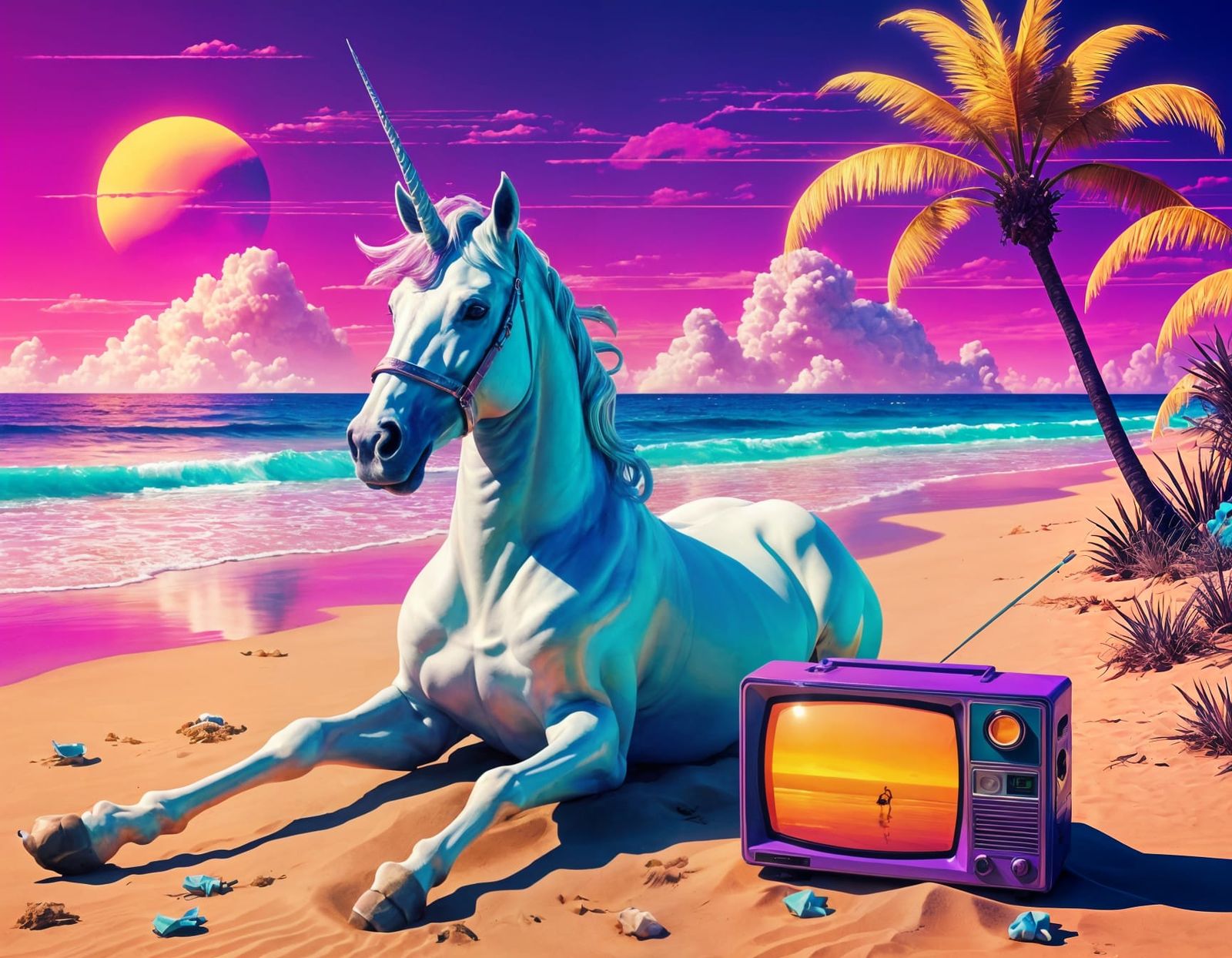 Vaporwave Unicorn on Tropical Beach at Sunset