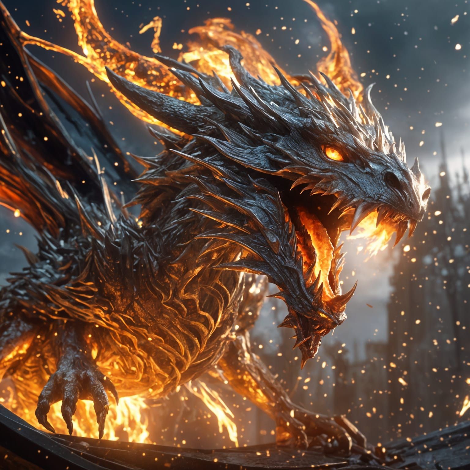 Silver Flaming Dragon Roaring in a Thunderstorm