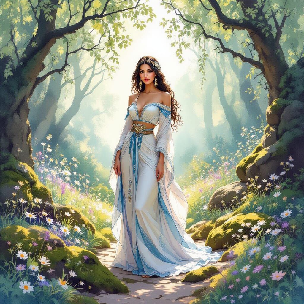 Ethereal Arabic Model in Forest, Watercolor Style