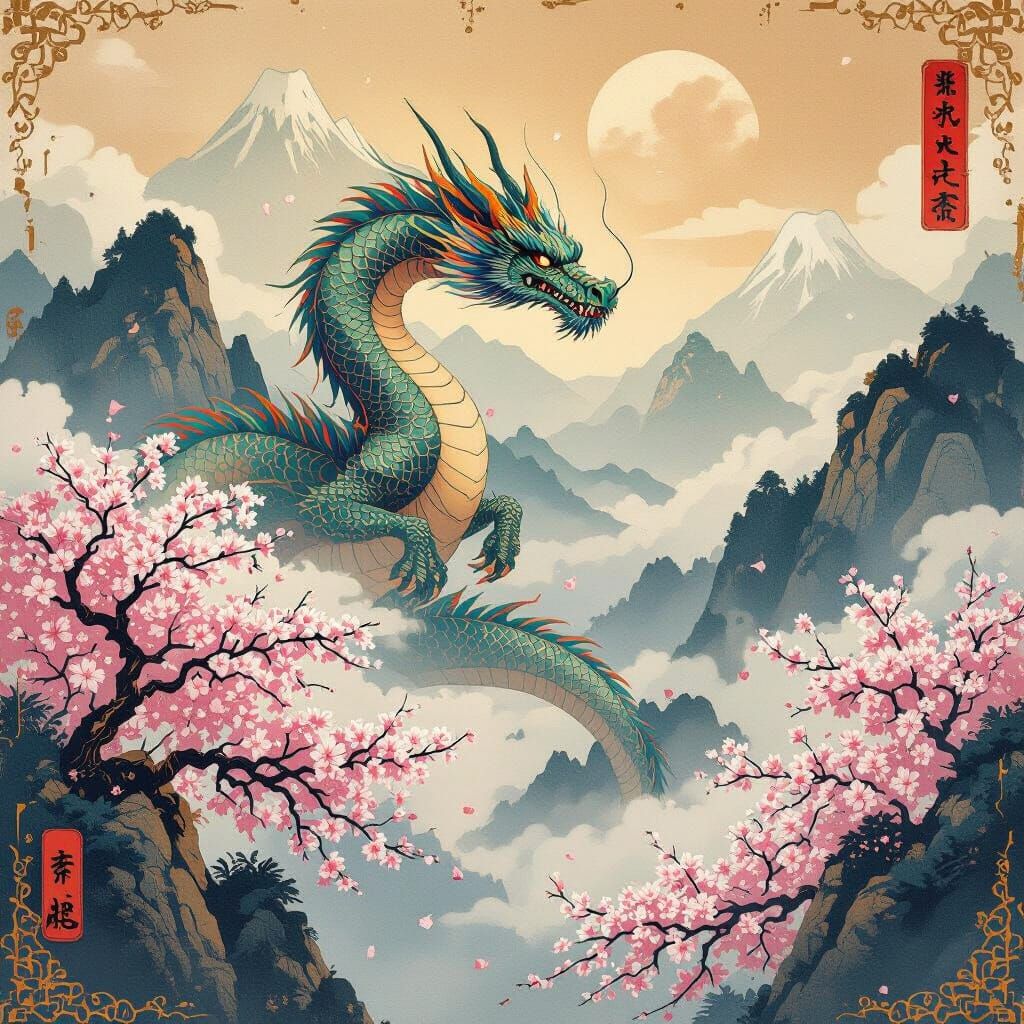 Dragon Soaring Through Misty Mountains in Ukiyo-e Style