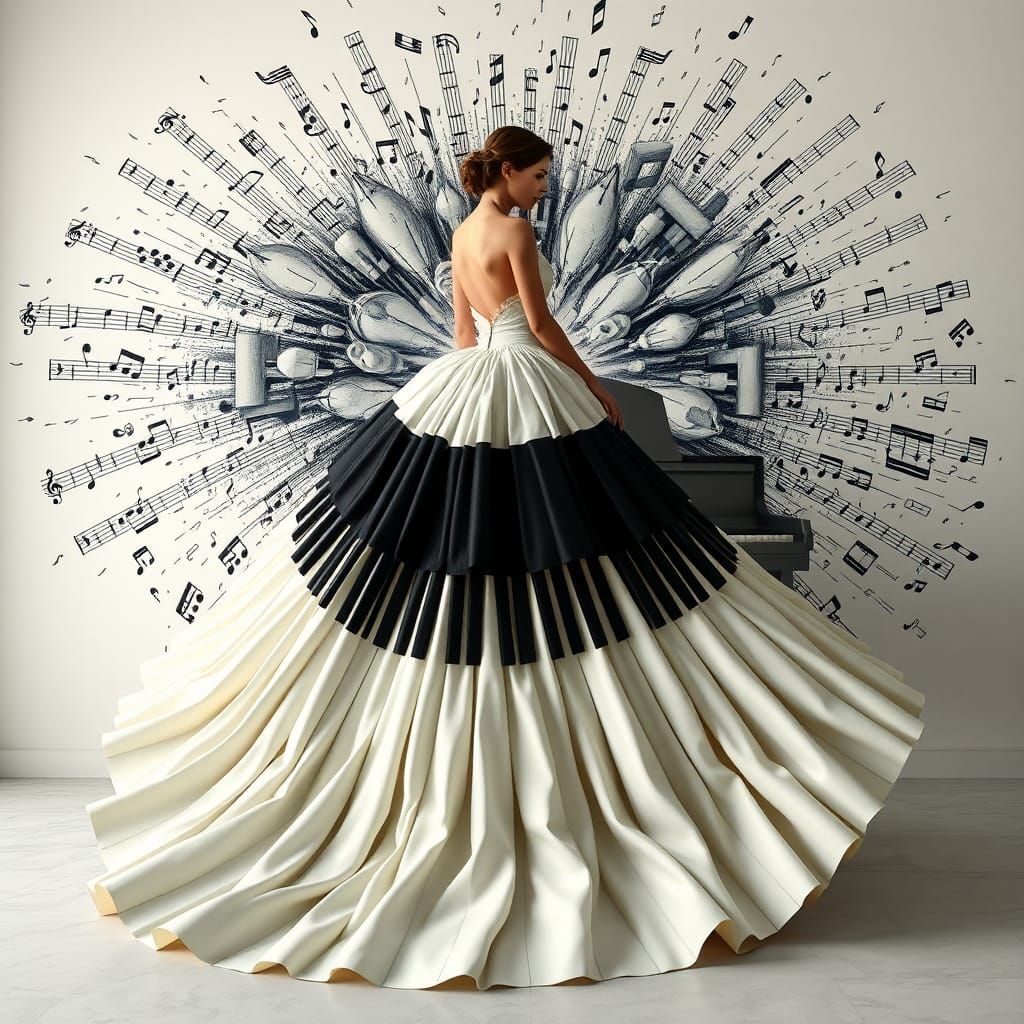 Piano Key Gown with Musical Vortex in Hyperrealism
