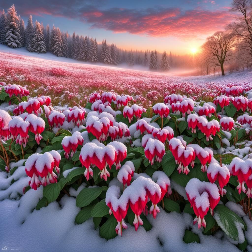 Bleeding Heart Flowers in Snowy Meadow at Sunrise