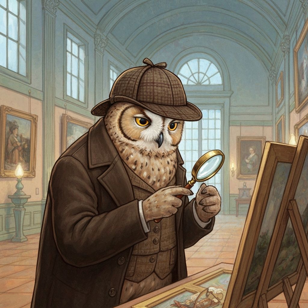 Owl Detective Unraveling Art Mystery in Whimsical Style