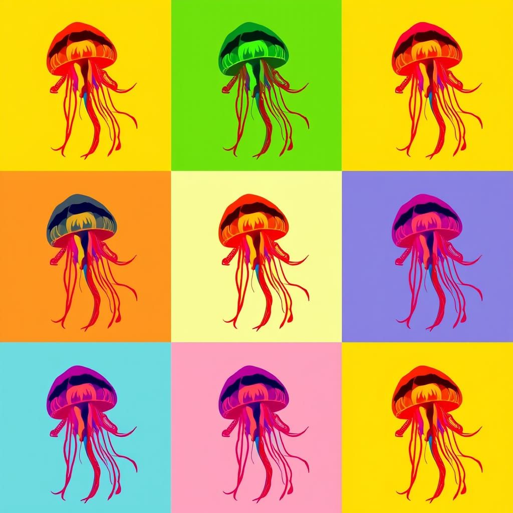 Warhol-esque Jellyfish Pop Art in Primary Colors