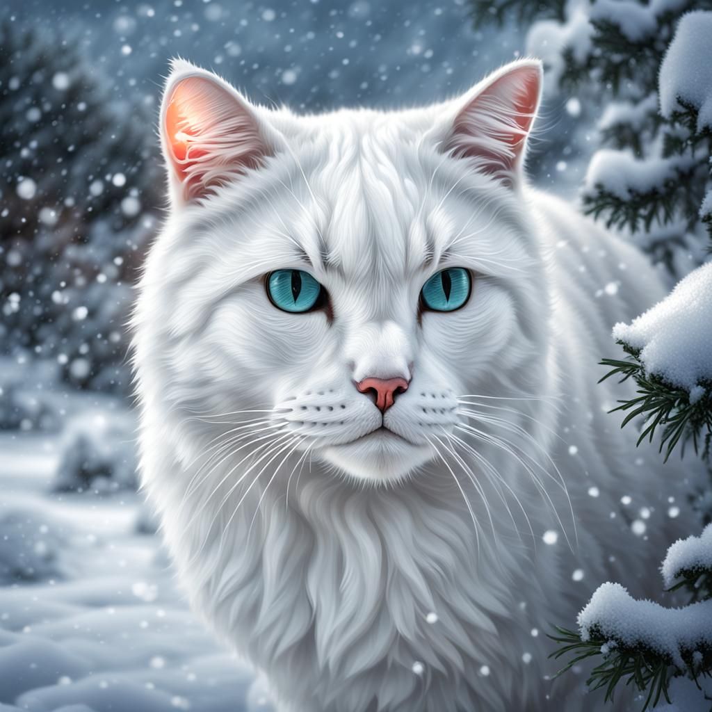 Hyperrealistic White Cat in Snowy Landscape