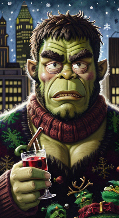 Surreal Beatnik Folk Art Illustration of a Grinch in an Ugly...