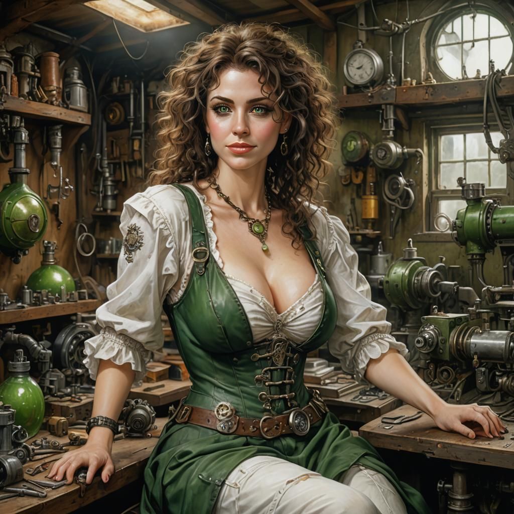Steampunk Beauty at Her Workshop, in Post-Apocalyptic Style