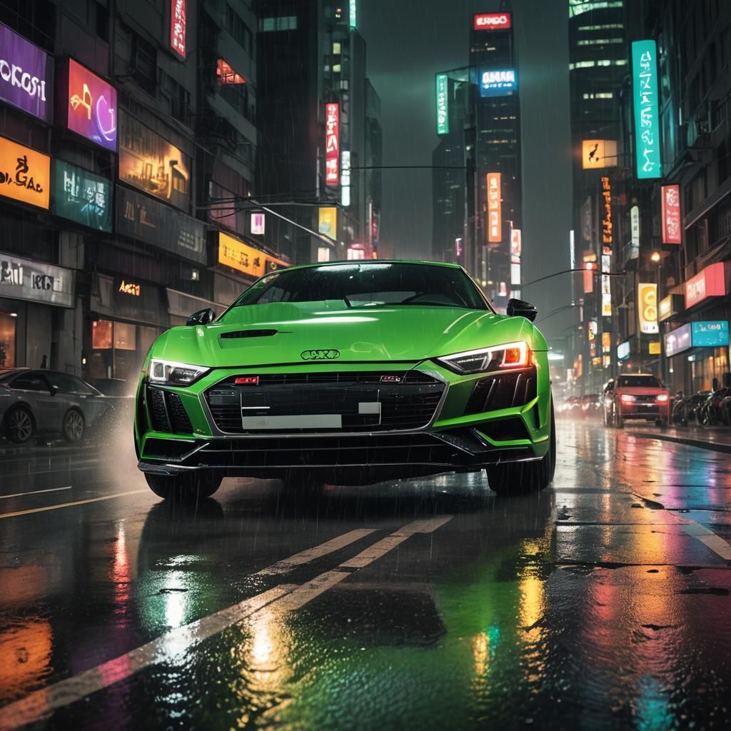 Neon Green Audi R8 on Wet City Road